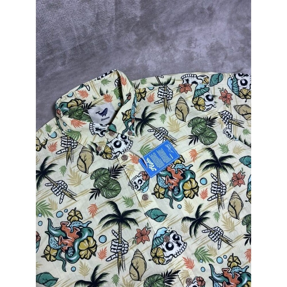 Yiume Hawaiian Shirt Men XL Extra Large Yellow Tropical Skeleton Short Sleeve